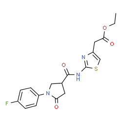 ChemSpider 2D Image | Ethyl [2-({[1-(4-fluorophenyl)-5-oxo-3-pyrrolidinyl]carbonyl}amino)-1,3-thiazol-4-yl]acetate | C18H18FN3O4S