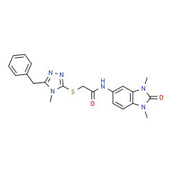ChemSpider 2D Image | 2-[(5-Benzyl-4-methyl-4H-1,2,4-triazol-3-yl)sulfanyl]-N-(1,3-dimethyl-2-oxo-2,3-dihydro-1H-benzimidazol-5-yl)acetamide | C21H22N6O2S