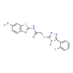 ChemSpider 2D Image | 2-{[5-(2-Fluorophenyl)-4-methyl-4H-1,2,4-triazol-3-yl]sulfanyl}-N-(6-methoxy-1,3-benzothiazol-2-yl)acetamide | C19H16FN5O2S2