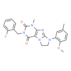 ChemSpider 2D Image | 3-(2-Fluorobenzyl)-8-(2-methoxy-5-methylphenyl)-1-methyl-7,8-dihydro-1H-imidazo[2,1-f]purine-2,4(3H,6H)-dione | C23H22FN5O3