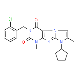 ChemSpider 2D Image | 3-(2-Chlorobenzyl)-8-cyclopentyl-1,7-dimethyl-1H-imidazo[2,1-f]purine-2,4(3H,8H)-dione | C21H22ClN5O2