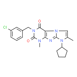 ChemSpider 2D Image | 3-(3-Chlorobenzyl)-8-cyclopentyl-1,7-dimethyl-1H-imidazo[2,1-f]purine-2,4(3H,8H)-dione | C21H22ClN5O2