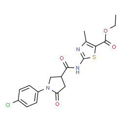 ChemSpider 2D Image | Ethyl 2-({[1-(4-chlorophenyl)-5-oxo-3-pyrrolidinyl]carbonyl}amino)-4-methyl-1,3-thiazole-5-carboxylate | C18H18ClN3O4S