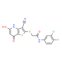 ChemSpider 2D Image | N-(3-Chloro-4-fluorophenyl)-2-[(3-cyano-5-hydroxy-7-oxo-4,7-dihydrothieno[3,2-b]pyridin-2-yl)sulfanyl]acetamide | C16H9ClFN3O3S2
