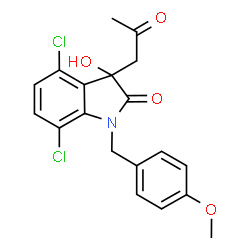 ChemSpider 2D Image | 4,7-Dichloro-3-hydroxy-1-(4-methoxybenzyl)-3-(2-oxopropyl)-1,3-dihydro-2H-indol-2-one | C19H17Cl2NO4