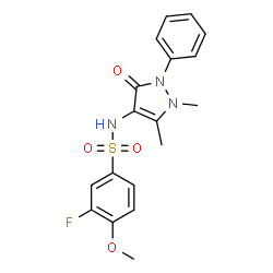 ChemSpider 2D Image | N-(1,5-Dimethyl-3-oxo-2-phenyl-2,3-dihydro-1H-pyrazol-4-yl)-3-fluoro-4-methoxybenzenesulfonamide | C18H18FN3O4S