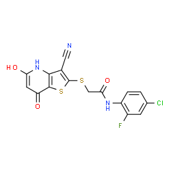 ChemSpider 2D Image | N-(4-Chloro-2-fluorophenyl)-2-[(3-cyano-5-hydroxy-7-oxo-4,7-dihydrothieno[3,2-b]pyridin-2-yl)sulfanyl]acetamide | C16H9ClFN3O3S2