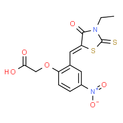 ChemSpider 2D Image | {2-[(Z)-(3-Ethyl-4-oxo-2-thioxo-1,3-thiazolidin-5-ylidene)methyl]-4-nitrophenoxy}acetic acid | C14H12N2O6S2