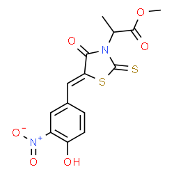 ChemSpider 2D Image | Methyl 2-[(5Z)-5-(4-hydroxy-3-nitrobenzylidene)-4-oxo-2-thioxo-1,3-thiazolidin-3-yl]propanoate | C14H12N2O6S2
