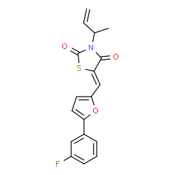 ChemSpider 2D Image | (5Z)-3-(3-Buten-2-yl)-5-{[5-(3-fluorophenyl)-2-furyl]methylene}-1,3-thiazolidine-2,4-dione | C18H14FNO3S