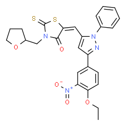 ChemSpider 2D Image | (5E)-5-{[3-(4-Ethoxy-3-nitrophenyl)-1-phenyl-1H-pyrazol-5-yl]methylene}-3-(tetrahydro-2-furanylmethyl)-2-thioxo-1,3-thiazolidin-4-one | C26H24N4O5S2