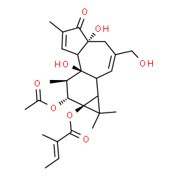 ChemSpider 2D Image | (4aR,7bS,8R,9R,9aS)-9-Acetoxy-4a,7b-dihydroxy-3-(hydroxymethyl)-1,1,6,8-tetramethyl-5-oxo-1,1a,1b,4,4a,5,7a,7b,8,9-decahydro-9aH-cyclopropa[3,4]benzo[1,2-e]azulen-9a-yl (2E)-2-methyl-2-butenoate | C27H36O8