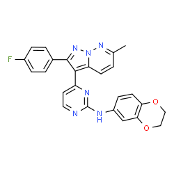 ChemSpider 2D Image | N-(2,3-Dihydro-1,4-benzodioxin-6-yl)-4-[2-(4-fluorophenyl)-6-methylpyrazolo[1,5-b]pyridazin-3-yl]-2-pyrimidinamine | C25H19FN6O2