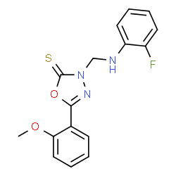 ChemSpider 2D Image | 3-[(2-Fluoroanilino)methyl]-5-(2-methoxyphenyl)-1,3,4-oxadiazole-2(3H)-thione | C16H14FN3O2S