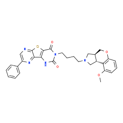 ChemSpider 2D Image | 3-{4-[(3aS,9bR)-9-Methoxy-1,3a,4,9b-tetrahydrochromeno[3,4-c]pyrrol-2(3H)-yl]butyl}-8-phenylpyrazino[2',3':4,5]thieno[3,2-d]pyrimidine-2,4(1H,3H)-dione | C30H29N5O4S