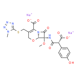 ChemSpider 2D Image | Disodium (6S,7S)-7-{[(2R)-2-carboxylato-2-(4-hydroxyphenyl)acetyl]amino}-7-methoxy-3-{[(1-methyl-1H-tetrazol-5-yl)sulfanyl]methyl}-8-oxo-5-oxa-1-azabicyclo[4.2.0]oct-2-ene-2-carboxylate | C20H18N6Na2O9S