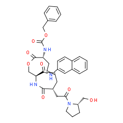 ChemSpider 2D Image | Benzyl [(3S,6R,11R)-6-{2-[(2S)-2-(hydroxymethyl)-1-pyrrolidinyl]-2-oxoethyl}-3-(2-naphthylcarbamoyl)-5,12-dioxo-1-oxa-4-azacyclododec-8-en-11-yl]carbamate | C36H40N4O8