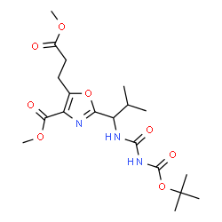 ChemSpider 2D Image | Methyl 5-(3-methoxy-3-oxopropyl)-2-{2-methyl-1-[({[(2-methyl-2-propanyl)oxy]carbonyl}carbamoyl)amino]propyl}-1,3-oxazole-4-carboxylate | C19H29N3O8
