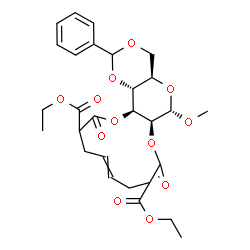 ChemSpider 2D Image | Diethyl (4aR,6S,6aS,16aS,16bR)-6-methoxy-8,15-dioxo-2-phenyl-4,4a,6,6a,8,9,10,13,14,15,16a,16b-dodecahydro[1,3]dioxino[4',5':5,6]pyrano[3,4-b][1,4]dioxacyclododecine-9,14-dicarboxylate (non-preferred 
name) | C28H34O12