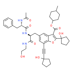 ChemSpider 2D Image | N-Acetyl-L-phenylalanyl-3-[2-(1-hydroxycyclopentyl)-7-[(1-hydroxycyclopentyl)ethynyl]-3-{[(4-methylcyclohexyl)oxy]carbonyl}-1-benzofuran-5-yl]-N-(2-hydroxyethyl)-L-alaninamide | C44H55N3O9