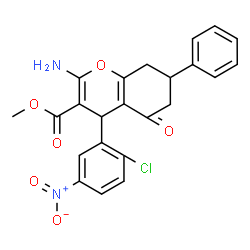 ChemSpider 2D Image | Methyl 2-amino-4-(2-chloro-5-nitrophenyl)-5-oxo-7-phenyl-5,6,7,8-tetrahydro-4H-chromene-3-carboxylate | C23H19ClN2O6