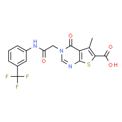 ChemSpider 2D Image | 5-Methyl-4-oxo-3-(2-oxo-2-{[3-(trifluoromethyl)phenyl]amino}ethyl)-3,4-dihydrothieno[2,3-d]pyrimidine-6-carboxylic acid | C17H12F3N3O4S