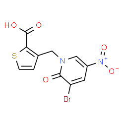 ChemSpider 2D Image | 3-[(3-Bromo-5-nitro-2-oxo-1(2H)-pyridinyl)methyl]-2-thiophenecarboxylic acid | C11H7BrN2O5S