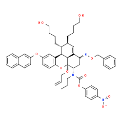 ChemSpider 2D Image | 4-Nitrophenyl [(1R,2R,6S,6aS,11bS,11cS)-6a-(allyloxy)-4-[(benzyloxy)imino]-1,2-bis(4-hydroxybutyl)-10-(2-naphthyloxy)-1,2,4,5,6,6a,11b,11c-octahydrobenzo[kl]xanthen-6-yl]propylcarbamate | C54H59N3O10
