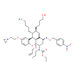 ChemSpider 2D Image | Ethyl [(1R,2R,6S,6aS,11bS,11cS)-6a-(allyloxy)-10-[2-(1-aziridinyl)ethoxy]-1,2-bis(4-hydroxybutyl)-4-{[(4-nitrobenzyl)oxy]imino}-1,2,4,5,6,6a,11b,11c-octahydrobenzo[kl]xanthen-6-yl]propylcarbamate | C44H60N4O10