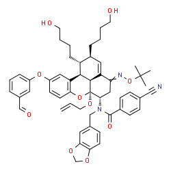 ChemSpider 2D Image | N-[(1R,2R,6S,6aS,11bS,11cS)-6a-(Allyloxy)-10-(3-formylphenoxy)-1,2-bis(4-hydroxybutyl)-4-{[(2-methyl-2-propanyl)oxy]imino}-1,2,4,5,6,6a,11b,11c-octahydrobenzo[kl]xanthen-6-yl]-N-(1,3-benzodioxol-5-ylm
ethyl)-4-cyanobenzamide | C54H59N3O10
