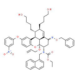 ChemSpider 2D Image | Ethyl [(1R,2R,6S,6aS,11bS,11cS)-6a-(allyloxy)-4-[(benzyloxy)imino]-1,2-bis(4-hydroxybutyl)-10-(3-nitrophenoxy)-1,2,4,5,6,6a,11b,11c-octahydrobenzo[kl]xanthen-6-yl](1-naphthylmethyl)carbamate | C54H59N3O10