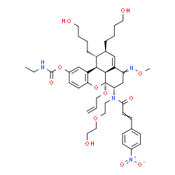 ChemSpider 2D Image | (1R,2R,6S,6aS,11bS,11cS)-6a-(Allyloxy)-1,2-bis(4-hydroxybutyl)-6-{[2-(2-hydroxyethoxy)ethyl][3-(4-nitrophenyl)acryloyl]amino}-4-(methoxyimino)-1,2,4,5,6,6a,11b,11c-octahydrobenzo[kl]xanthen-10-yl ethy
lcarbamate | C44H58N4O12