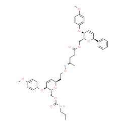 ChemSpider 2D Image | [(2R,3S,6S)-3-(4-Methoxyphenoxy)-6-phenyl-3,6-dihydro-2H-pyran-2-yl]methyl 4-({2-[(2R,5S,6R)-5-(4-methoxyphenoxy)-6-{[(propylcarbamoyl)oxy]methyl}-5,6-dihydro-2H-pyran-2-yl]ethoxy}imino)pentanoate (no
n-preferred name) | C43H52N2O11