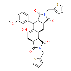 ChemSpider 2D Image | (3aS,6R,6aS,9aR,10aS,10bR)-6-(2-Hydroxy-3-methoxyphenyl)-2,8-bis(2-thienylmethyl)-3a,4,6,6a,9a,10,10a,10b-octahydroisoindolo[5,6-e]isoindole-1,3,7,9(2H,8H)-tetrone | C31H28N2O6S2