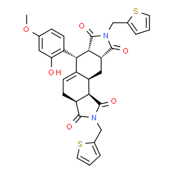 ChemSpider 2D Image | (3aS,6R,6aS,9aR,10aS,10bR)-6-(2-Hydroxy-4-methoxyphenyl)-2,8-bis(2-thienylmethyl)-3a,4,6,6a,9a,10,10a,10b-octahydroisoindolo[5,6-e]isoindole-1,3,7,9(2H,8H)-tetrone | C31H28N2O6S2