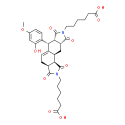ChemSpider 2D Image | 6,6'-[(3aS,6R,6aS,9aR,10aS,10bR)-6-(2-Hydroxy-4-methoxyphenyl)-1,3,7,9-tetraoxo-1,3,3a,4,6,6a,7,9,9a,10,10a,10b-dodecahydroisoindolo[5,6-e]isoindole-2,8-diyl]dihexanoic acid | C33H40N2O10