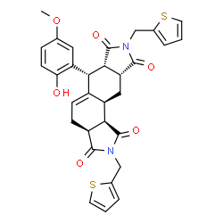 ChemSpider 2D Image | (3aS,6R,6aS,9aR,10aS,10bR)-6-(2-Hydroxy-5-methoxyphenyl)-2,8-bis(2-thienylmethyl)-3a,4,6,6a,9a,10,10a,10b-octahydroisoindolo[5,6-e]isoindole-1,3,7,9(2H,8H)-tetrone | C31H28N2O6S2