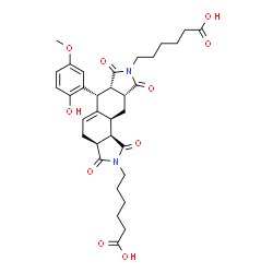 ChemSpider 2D Image | 6,6'-[(3aS,6R,6aS,9aR,10aS,10bR)-6-(2-Hydroxy-5-methoxyphenyl)-1,3,7,9-tetraoxo-1,3,3a,4,6,6a,7,9,9a,10,10a,10b-dodecahydroisoindolo[5,6-e]isoindole-2,8-diyl]dihexanoic acid | C33H40N2O10