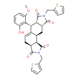 ChemSpider 2D Image | (3aS,6R,6aS,9aR,10aS,10bR)-6-(2-Hydroxy-6-methoxyphenyl)-2,8-bis(2-thienylmethyl)-3a,4,6,6a,9a,10,10a,10b-octahydroisoindolo[5,6-e]isoindole-1,3,7,9(2H,8H)-tetrone | C31H28N2O6S2