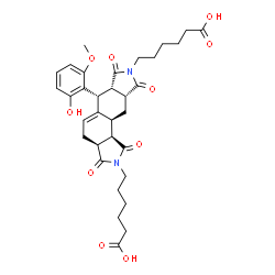 ChemSpider 2D Image | 6,6'-[(3aS,6R,6aS,9aR,10aS,10bR)-6-(2-Hydroxy-6-methoxyphenyl)-1,3,7,9-tetraoxo-1,3,3a,4,6,6a,7,9,9a,10,10a,10b-dodecahydroisoindolo[5,6-e]isoindole-2,8-diyl]dihexanoic acid | C33H40N2O10