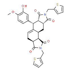 ChemSpider 2D Image | (3aS,6R,6aS,9aR,10aS,10bR)-6-(3-Hydroxy-4-methoxyphenyl)-2,8-bis(2-thienylmethyl)-3a,4,6,6a,9a,10,10a,10b-octahydroisoindolo[5,6-e]isoindole-1,3,7,9(2H,8H)-tetrone | C31H28N2O6S2