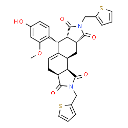 ChemSpider 2D Image | (3aS,6R,6aS,9aR,10aS,10bR)-6-(4-Hydroxy-2-methoxyphenyl)-2,8-bis(2-thienylmethyl)-3a,4,6,6a,9a,10,10a,10b-octahydroisoindolo[5,6-e]isoindole-1,3,7,9(2H,8H)-tetrone | C31H28N2O6S2