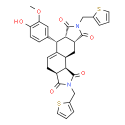 ChemSpider 2D Image | (3aS,6R,6aS,9aR,10aS,10bR)-6-(4-Hydroxy-3-methoxyphenyl)-2,8-bis(2-thienylmethyl)-3a,4,6,6a,9a,10,10a,10b-octahydroisoindolo[5,6-e]isoindole-1,3,7,9(2H,8H)-tetrone | C31H28N2O6S2