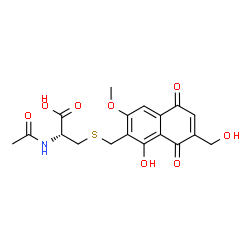 ChemSpider 2D Image | N-Acetyl-S-{[1-hydroxy-7-(hydroxymethyl)-3-methoxy-5,8-dioxo-5,8-dihydro-2-naphthalenyl]methyl}-L-cysteine | C18H19NO8S