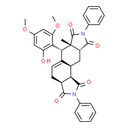 ChemSpider 2D Image | (3aS,6R,6aS,9aR,10aS,10bR)-6-(2-Hydroxy-4,6-dimethoxyphenyl)-6a-methyl-2,8-diphenyl-3a,4,6,6a,9a,10,10a,10b-octahydroisoindolo[5,6-e]isoindole-1,3,7,9(2H,8H)-tetrone | C35H32N2O7
