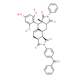 ChemSpider 2D Image | (3aS,6R,6aS,9aR,10aS,10bR)-2-(4-Benzoylphenyl)-6-(4-hydroxy-2,6-dimethoxyphenyl)-6a-methyl-8-phenyl-3a,4,6,6a,9a,10,10a,10b-octahydroisoindolo[5,6-e]isoindole-1,3,7,9(2H,8H)-tetrone | C42H36N2O8