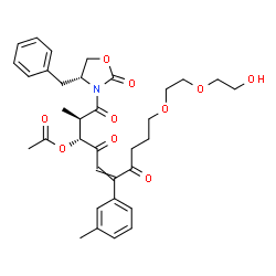 ChemSpider 2D Image | (2R,3R)-1-[(4R)-4-Benzyl-2-oxo-1,3-oxazolidin-3-yl]-10-[2-(2-hydroxyethoxy)ethoxy]-2-methyl-6-(3-methylphenyl)-1,4,7-trioxo-5-decen-3-yl acetate | C34H41NO10