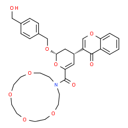 ChemSpider 2D Image | 3-[(2S,4S)-2-{[4-(Hydroxymethyl)benzyl]oxy}-6-(1,4,7,10-tetraoxa-13-azacyclopentadecan-13-ylcarbonyl)-3,4-dihydro-2H-pyran-4-yl]-4H-chromen-4-one | C33H39NO10