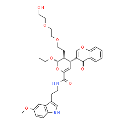 ChemSpider 2D Image | (2S,3S,4R)-2-Ethoxy-3-{2-[2-(2-hydroxyethoxy)ethoxy]ethyl}-N-[2-(5-methoxy-1H-indol-3-yl)ethyl]-4-(4-oxo-4H-chromen-3-yl)-3,4-dihydro-2H-pyran-6-carboxamide | C34H40N2O9