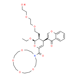 ChemSpider 2D Image | 3-[(2R,3S,4S)-2-Ethoxy-3-{2-[2-(2-hydroxyethoxy)ethoxy]ethyl}-6-(1,4,7,10-tetraoxa-13-azacyclopentadecan-13-ylcarbonyl)-3,4-dihydro-2H-pyran-4-yl]-4H-chromen-4-one | C33H47NO12